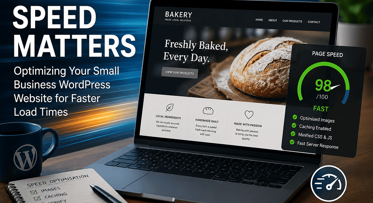 Laptop displaying bakery website and page speed score for SEO.