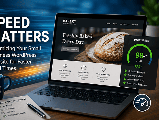 Laptop displaying bakery website and page speed score for SEO.