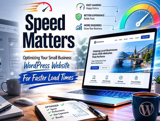 Digital business website on laptop screen with speed and performance icons, promoting faster load ti.