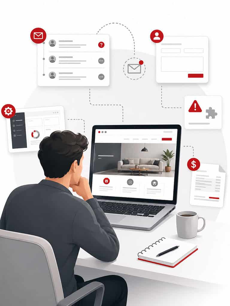 Digital communication and customer support icons with a person working on a laptop.