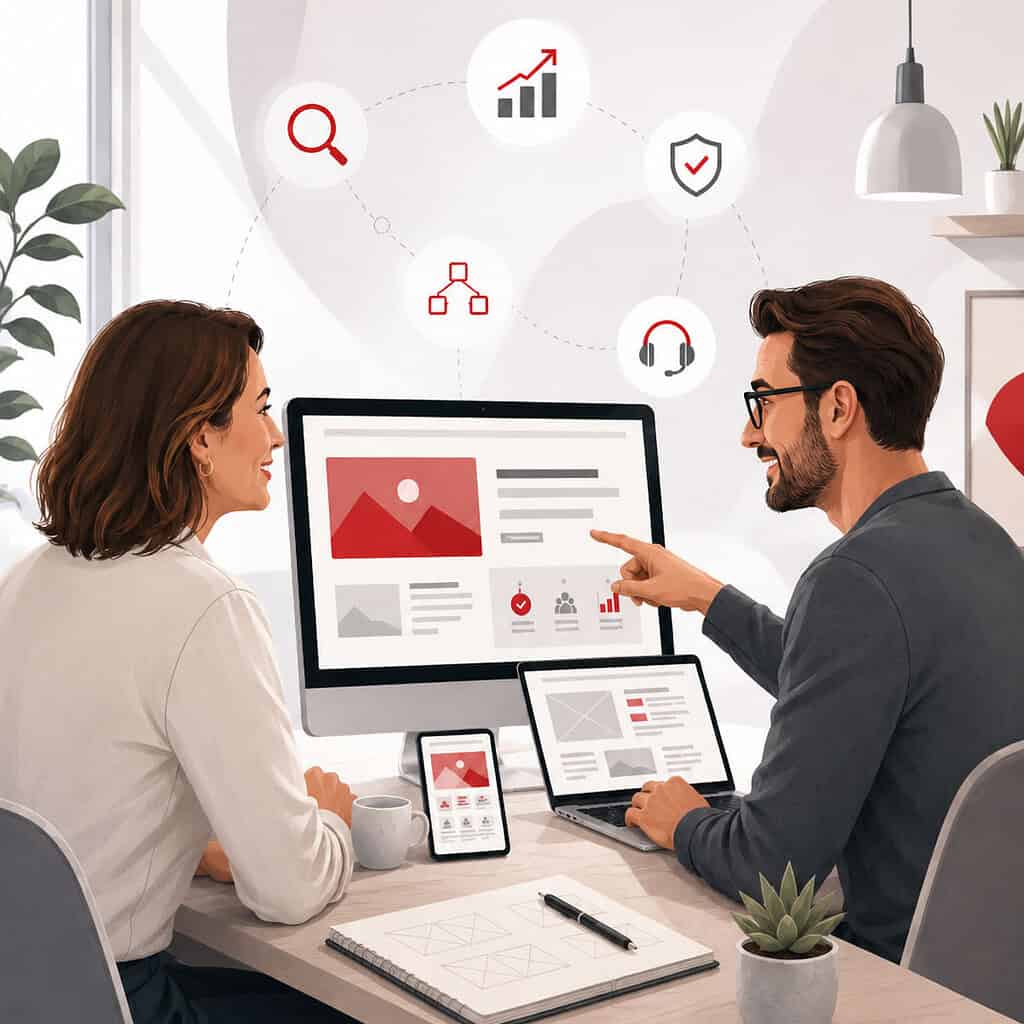 Business professionals discussing digital marketing strategies at a modern office.