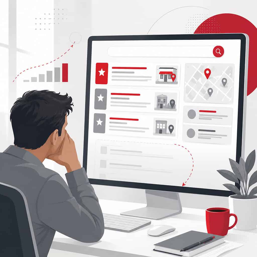 Man analysing digital marketing strategies on computer screen.
