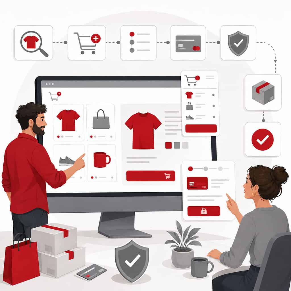 E-commerce product customisation interface with shopping cart, secure checkout, and digital marketin.