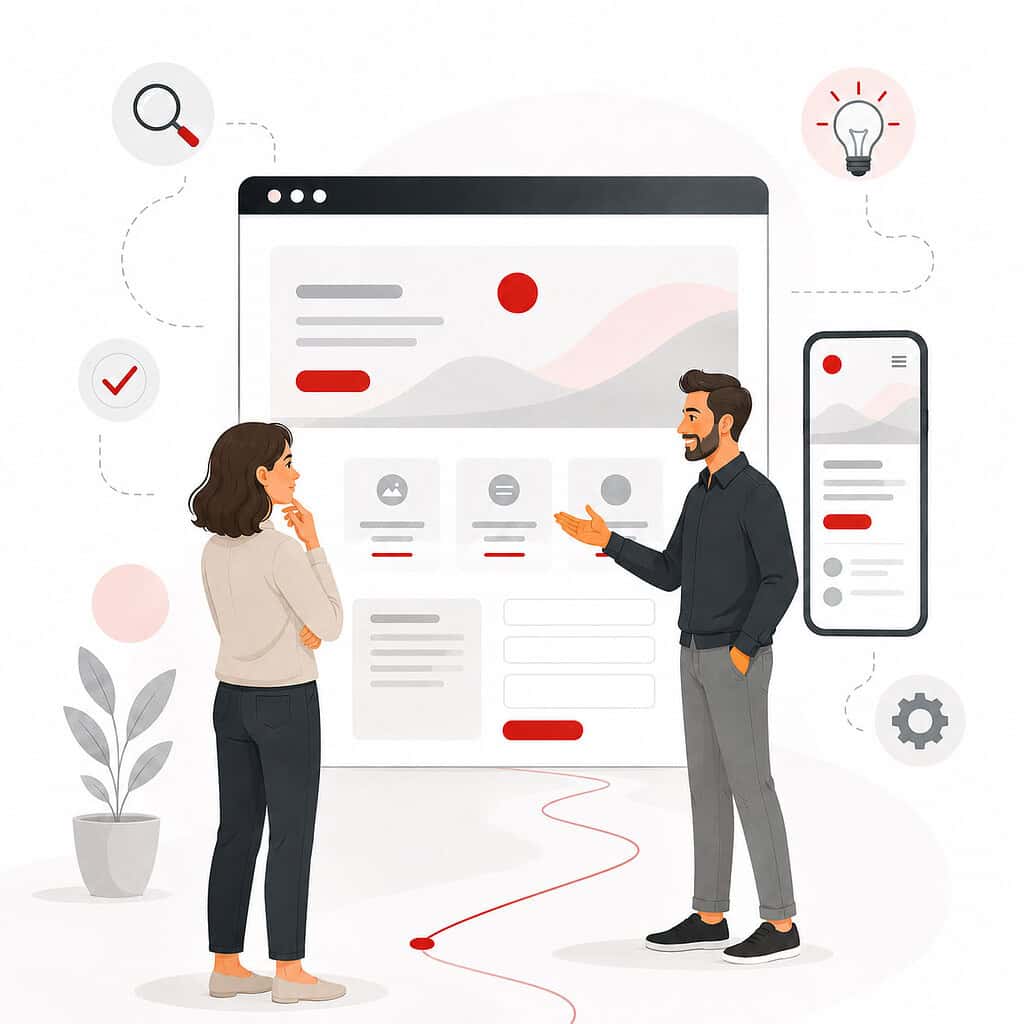 Business professionals discussing digital marketing strategies on a website interface.