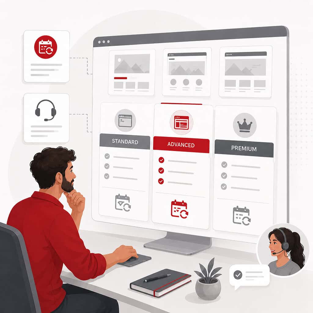 Man analysing website plans on a computer screen with marketing options.