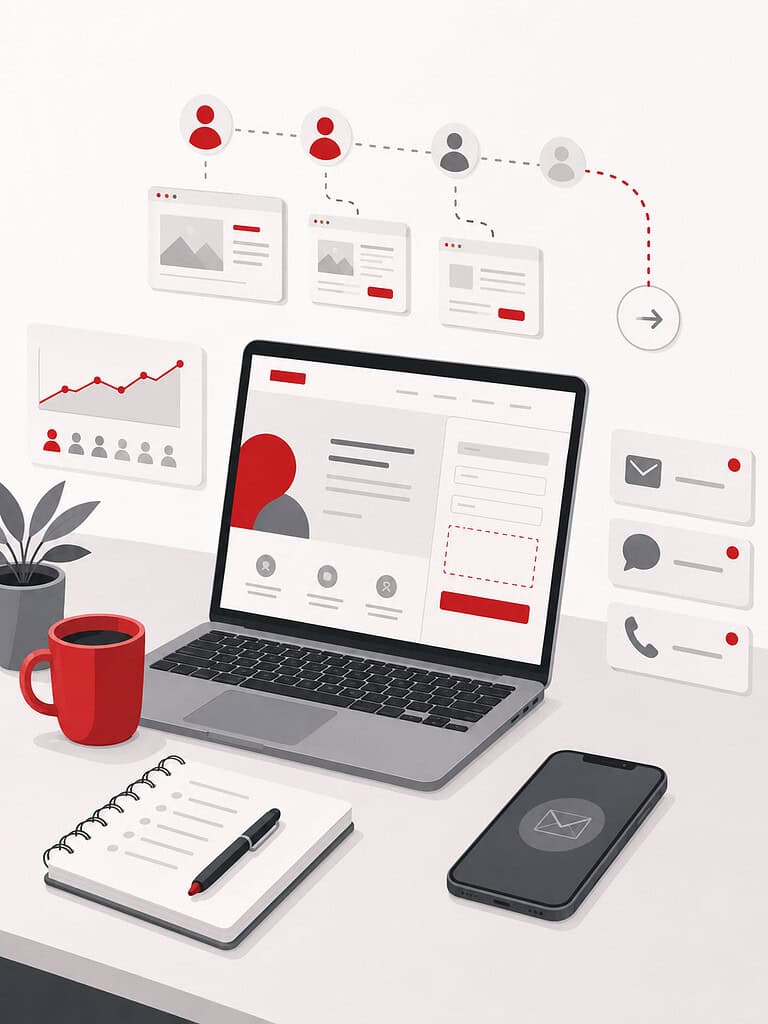 Digital marketing strategy with analytics, social media, and communication tools.
