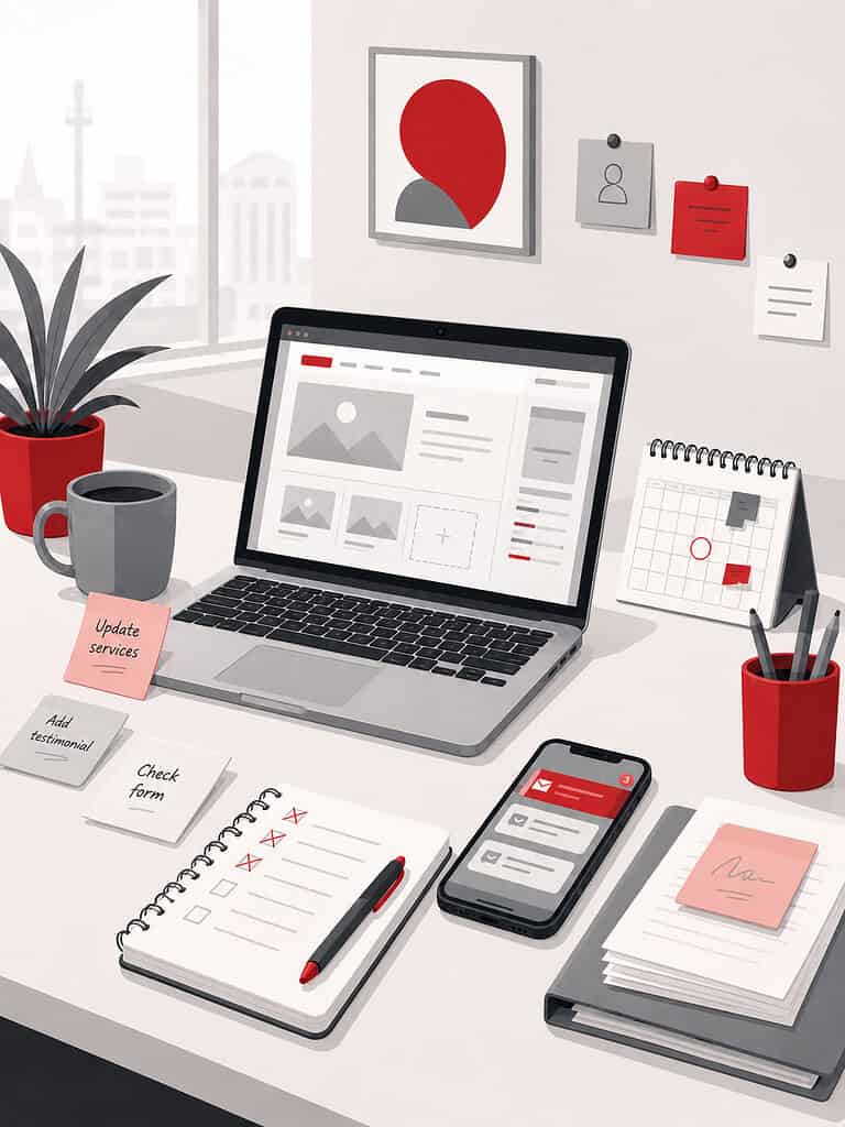 Digital marketing and media planning workspace with laptop, smartphone, and office supplies.
