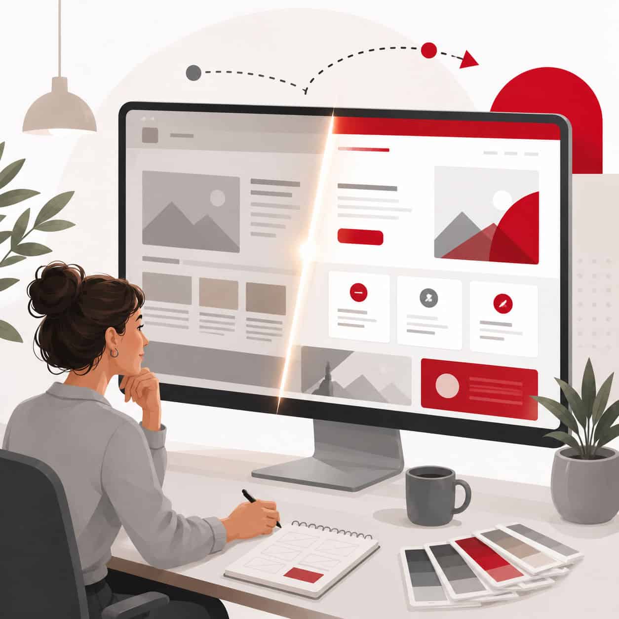 Woman working on website design at a desk with digital tools and plants.