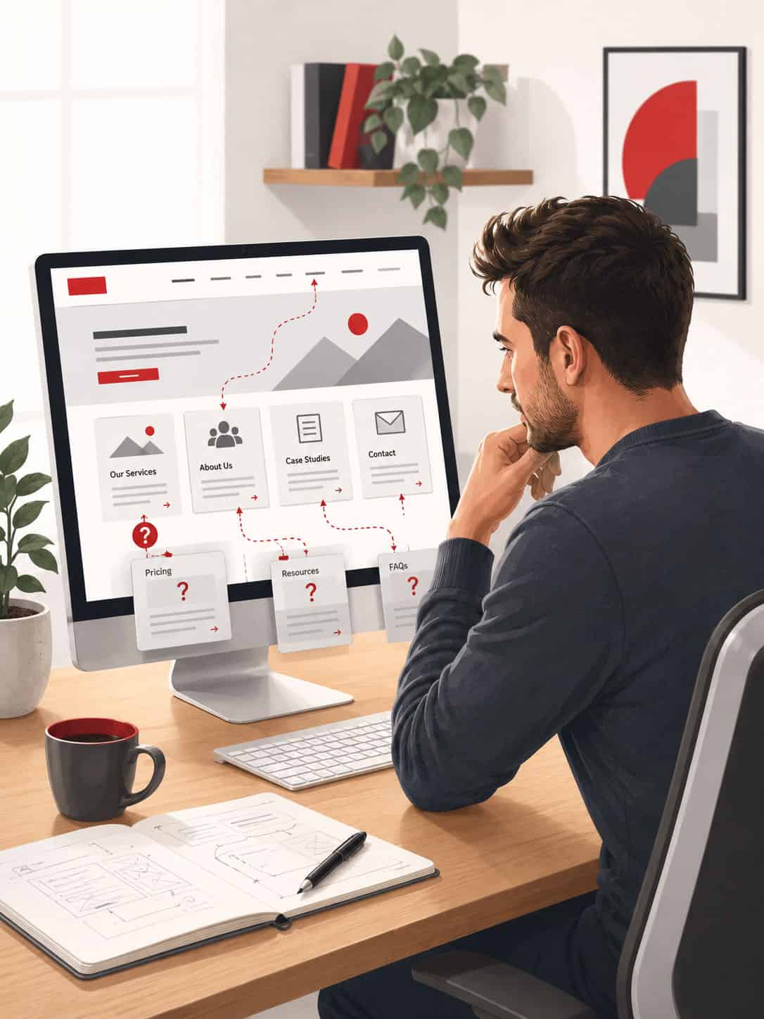 Man analyzing website data on computer for digital marketing.