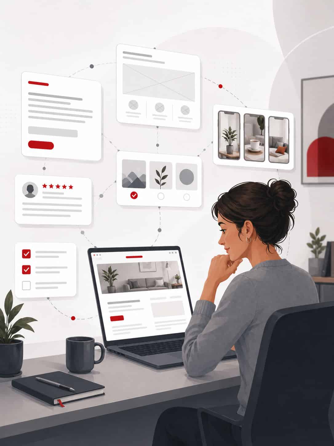 Woman planning website content with digital interface visuals.