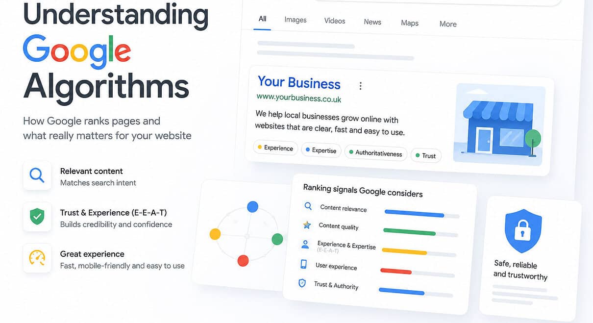 Illustration of Google search results and algorithm analysis for digital marketing.