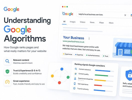 Illustration of Google search results and algorithm analysis for digital marketing.