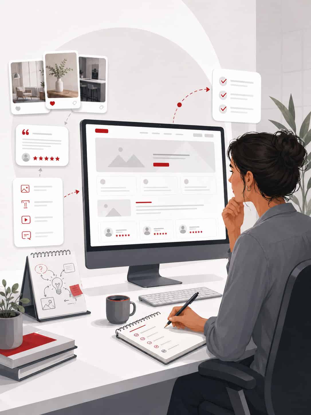 Woman planning website content on computer with digital tools.