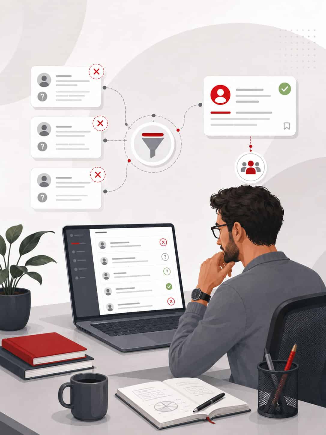 Business professional managing emails on laptop with filtering and prioritisation tools.
