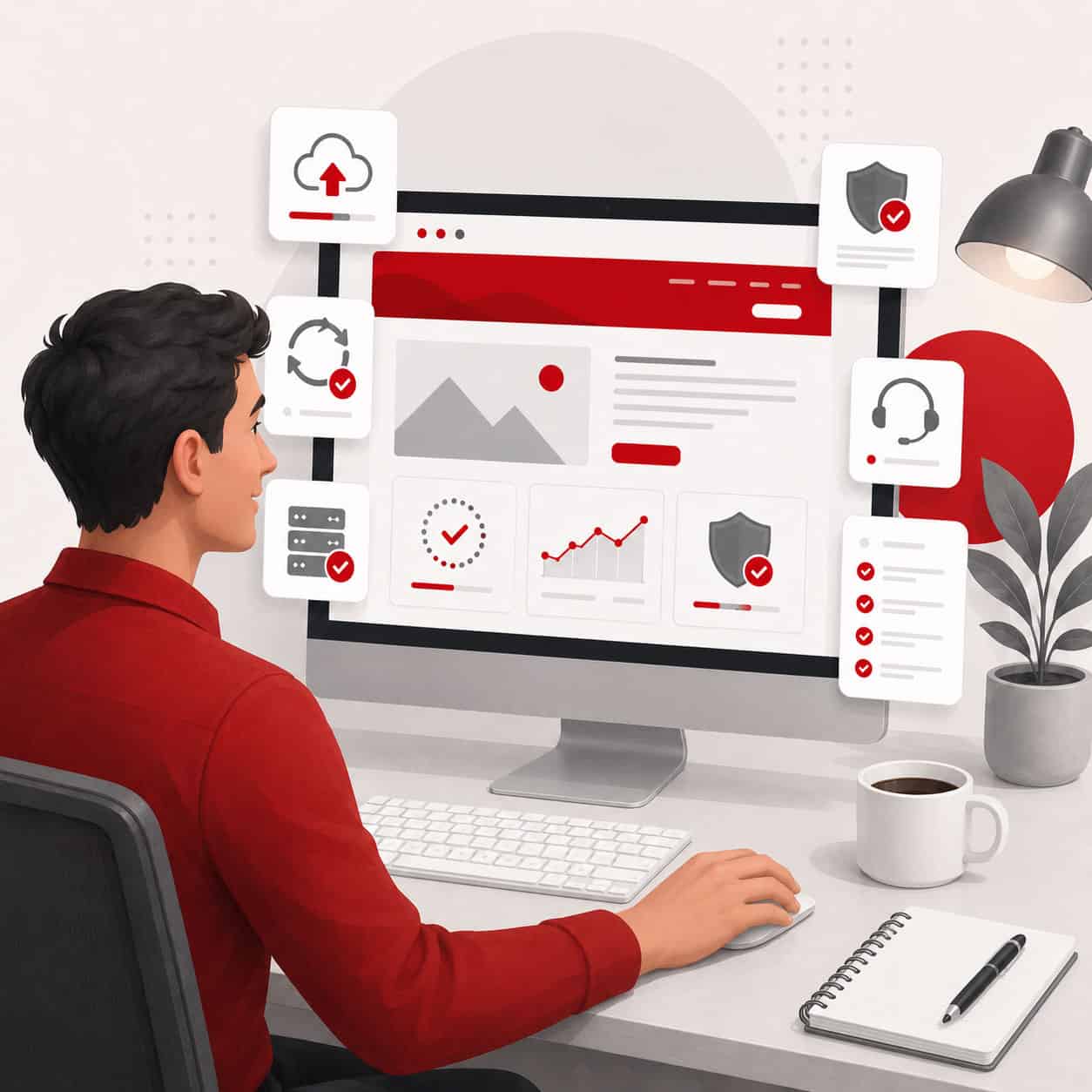 Person managing website with security, cloud, and analytics icons.