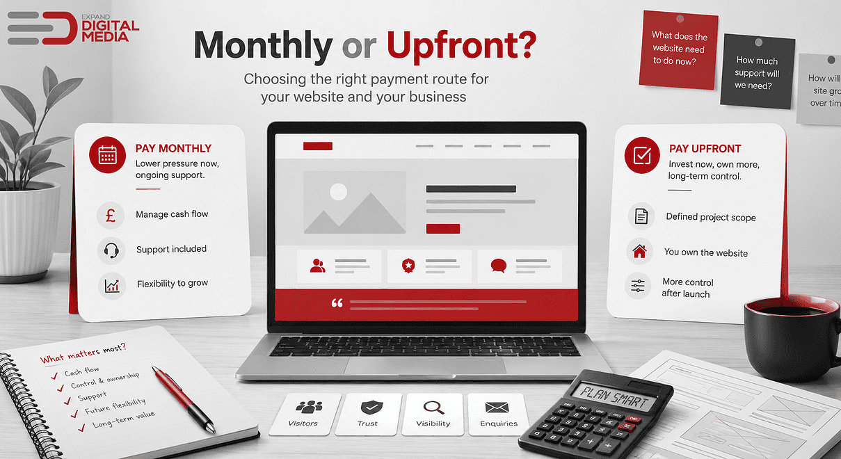 Comparison of monthly and upfront website payment plans for businesses.