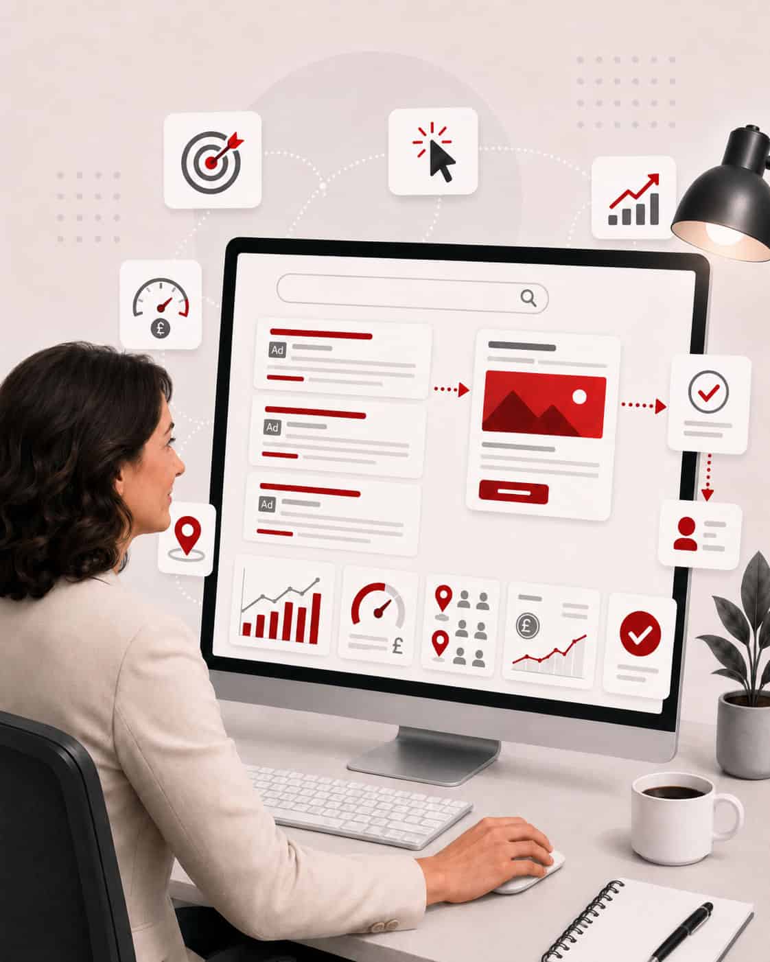 Woman managing Google Ads campaigns on a computer screen.