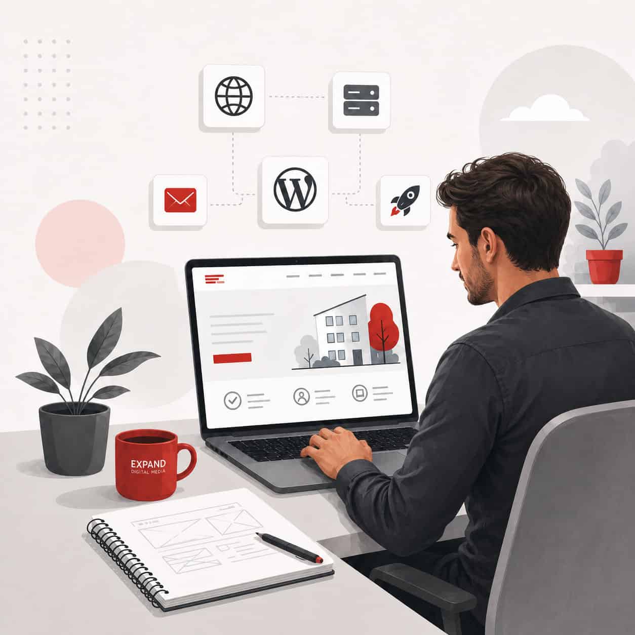 Man working on a laptop with digital media icons above, representing online marketing and web design.
