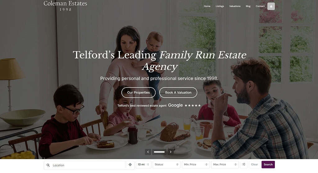 Family enjoying breakfast at home, estate agency website background.